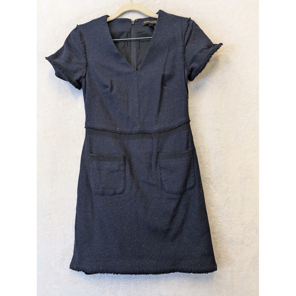 Banana Republic Petite 00 Navy Blue Speckled Dress V-Neck Short‎ Sleeve